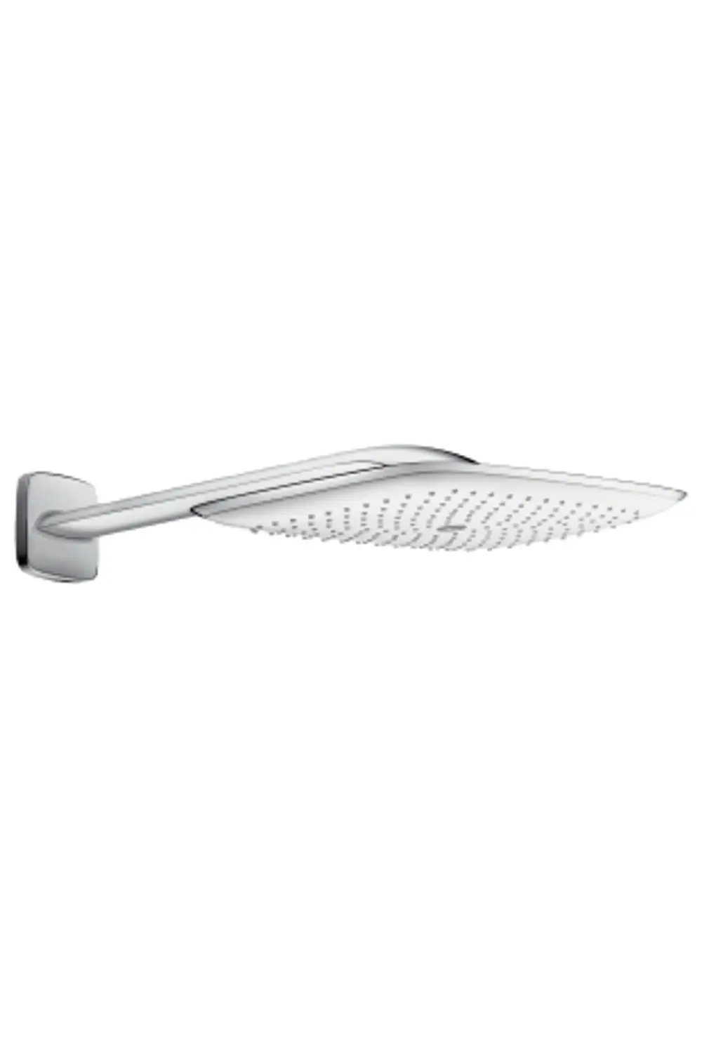 Kopfbrause mit flacher, eckiger Kopfplatte und zahlreichen Düsenauslässen. Hansgrohe-Design, montiert an einem geraden Brausearm. Ausführung in Weiß und Chrom.
